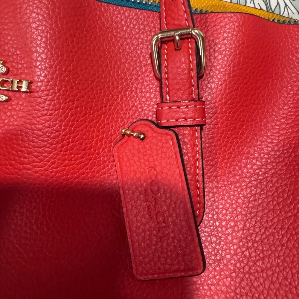 Coach Red /Orange Tote Bag; Lg., beautiful; NWOT; yellow and teal interior. - Picture 4 of 12